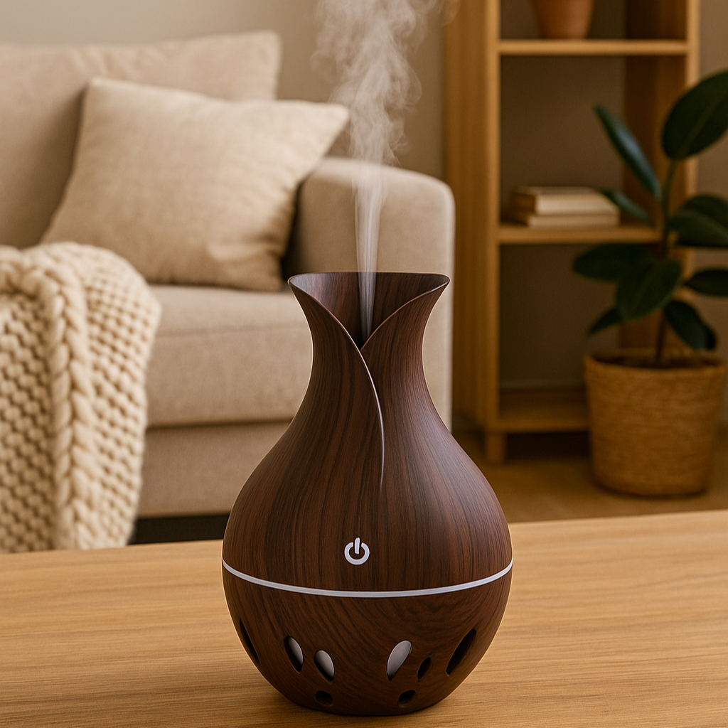 Idées cadeaux bien-être pour la maison – diffuseur d'huiles essentielles en bois dans un salon cosy et moderne